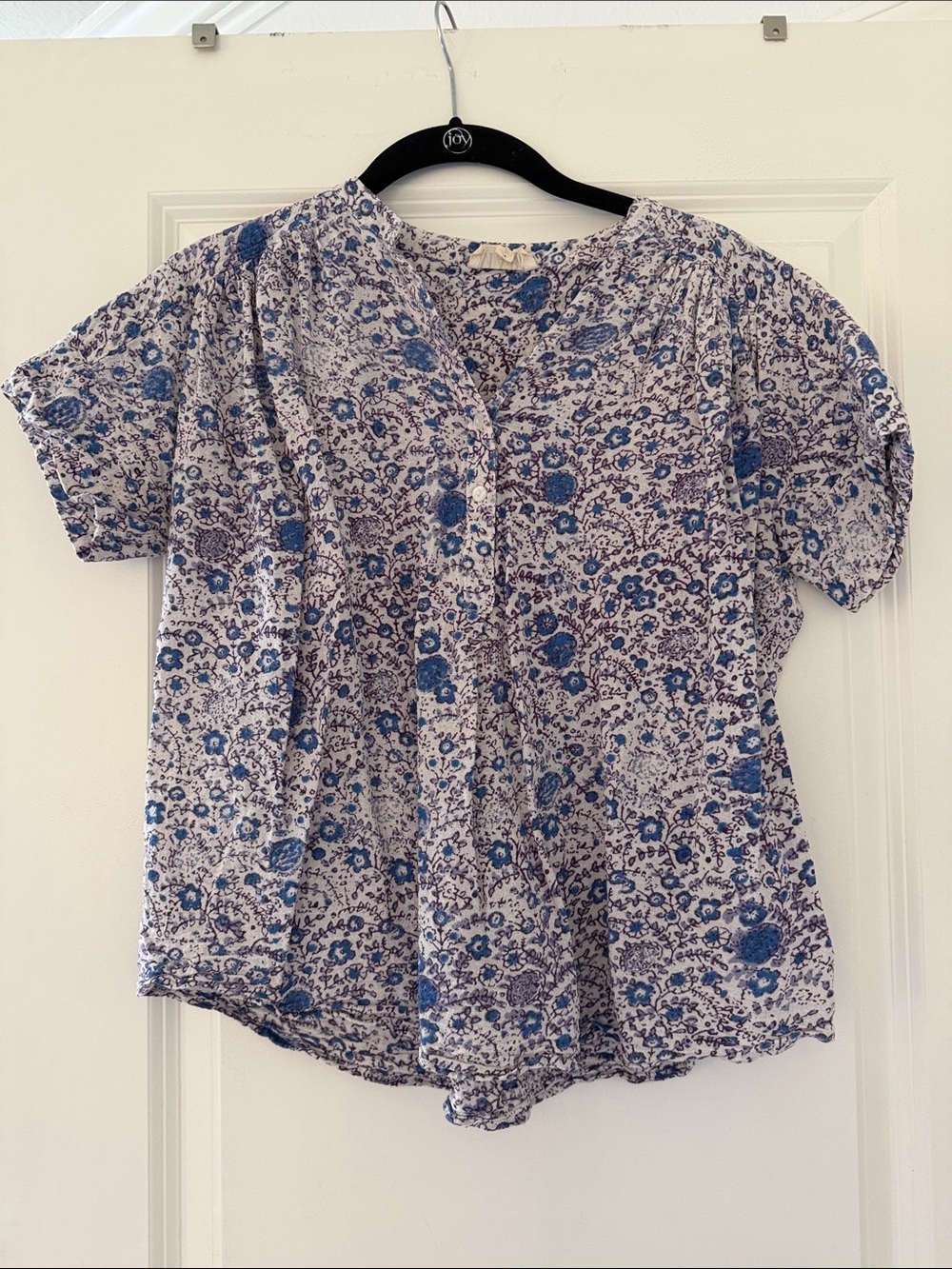 Blue Floral Short-Sleeve Button-Front Women's Blouse